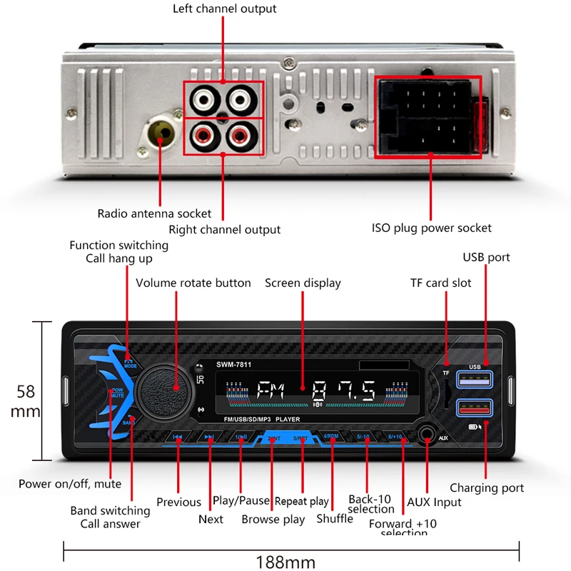Автомагнитола 1 Din Bluetooth автомобильный стереоприемник FM MP3-плеер гарнитура A2DP TF
