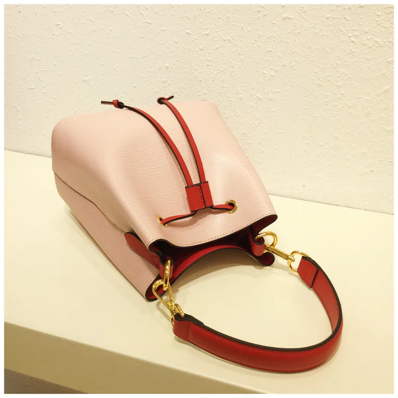 

Casual fashion High capacity Genuine Leather Lady bags First layer cowhide Water ripple Bucket bag handbag Shoulder Bag