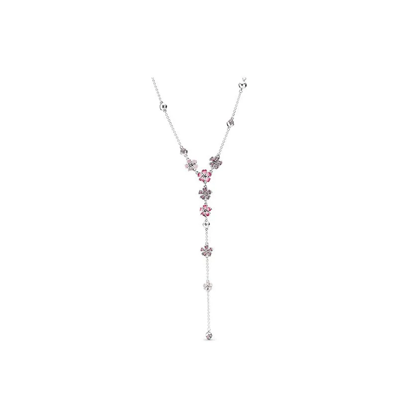 

Fit Original 925 Sterling Silver Y-shape Enamel Peach Blossom Flower Crystal Necklace Fashion for Women Bead Charm Gift Jewelry