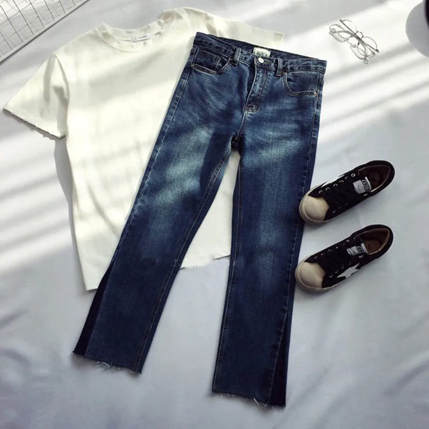 

2020 Spring New Women Vintage Washed Blue High Waist Slim Jeans Denim Autumn Flare Pants Plus Size Trousers Vaqueros Mujer B9D02