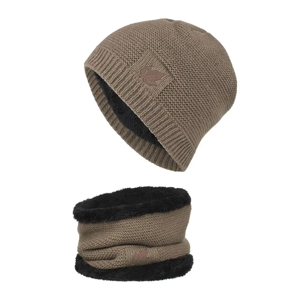 Khaki Set RoxCober, новинка, вязаные шапки Skullies, шапка с воротником, снуд для мужчин и женщин, береты-кепки Gorros, Мужская теплая однотонная зимняя шапка, шапка, комплект - Цвет: Khaki Set