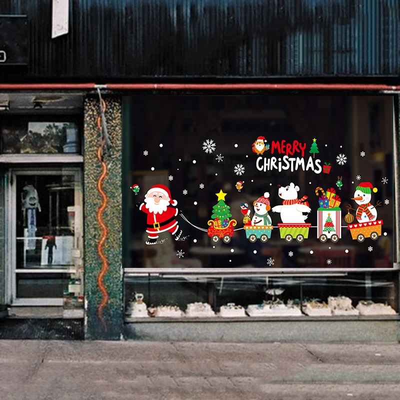 

Merry Christmas Happy New Year Wall Stickers Christmas Home Decoration Santa Train Cartoon Waterproof Wall Sticker DJ