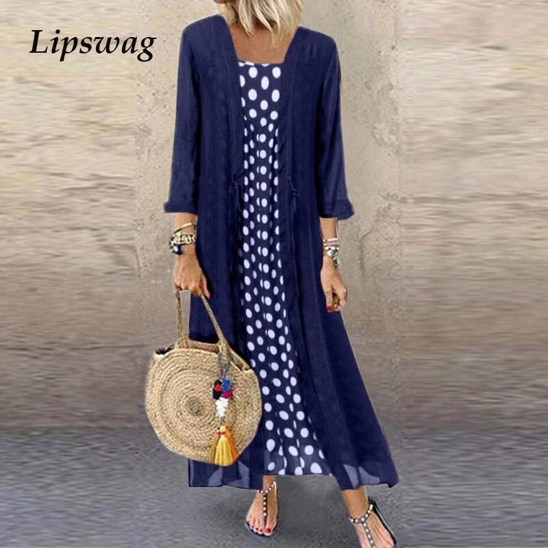 Lipswag 5XL Women Autumn Two Piece Set Long Sleeve Party Dress Casual O Neck Polka Dot Sundress Elegant Plus Size Female Dresses