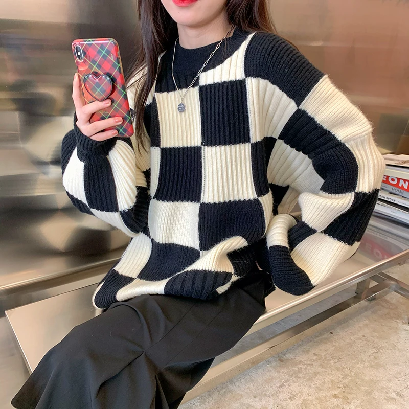 

Women's Knitting Pullover Retro Checkerboard Big Plaid Chic Sweater Winter Oversize Loose Top 2022 Lady Casual Streetwear