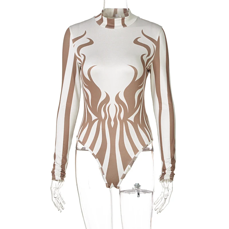 

yuQung Fire Print Long Sleeve Bodysuit For Women Skinny Body Suit Sexy Fashion Streetwear Female Jumpsuit 2020 Casual One Peice