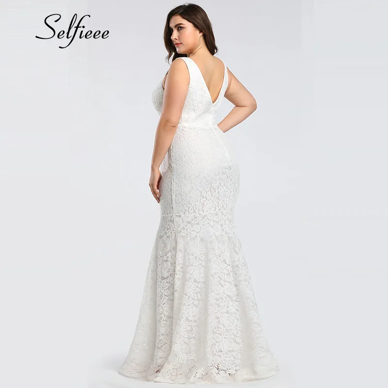 Белое кружевное платье женское элегантное Русалка с v образным вырезом без
