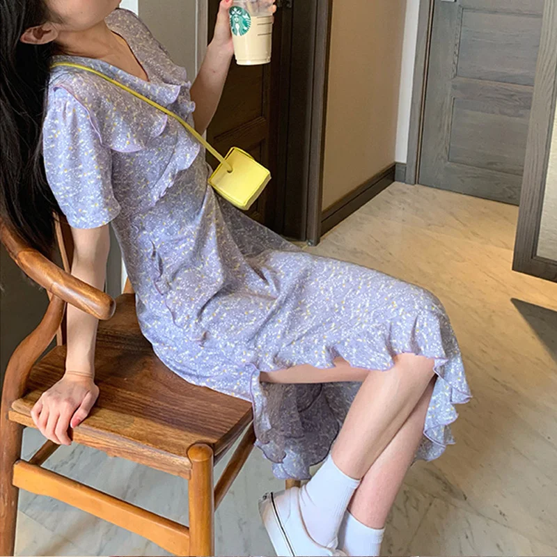 

Women's Slit Floral Dress Summer 2021 New French Style Retro Gentle Slimming Irregular Ruffled Tea Dress