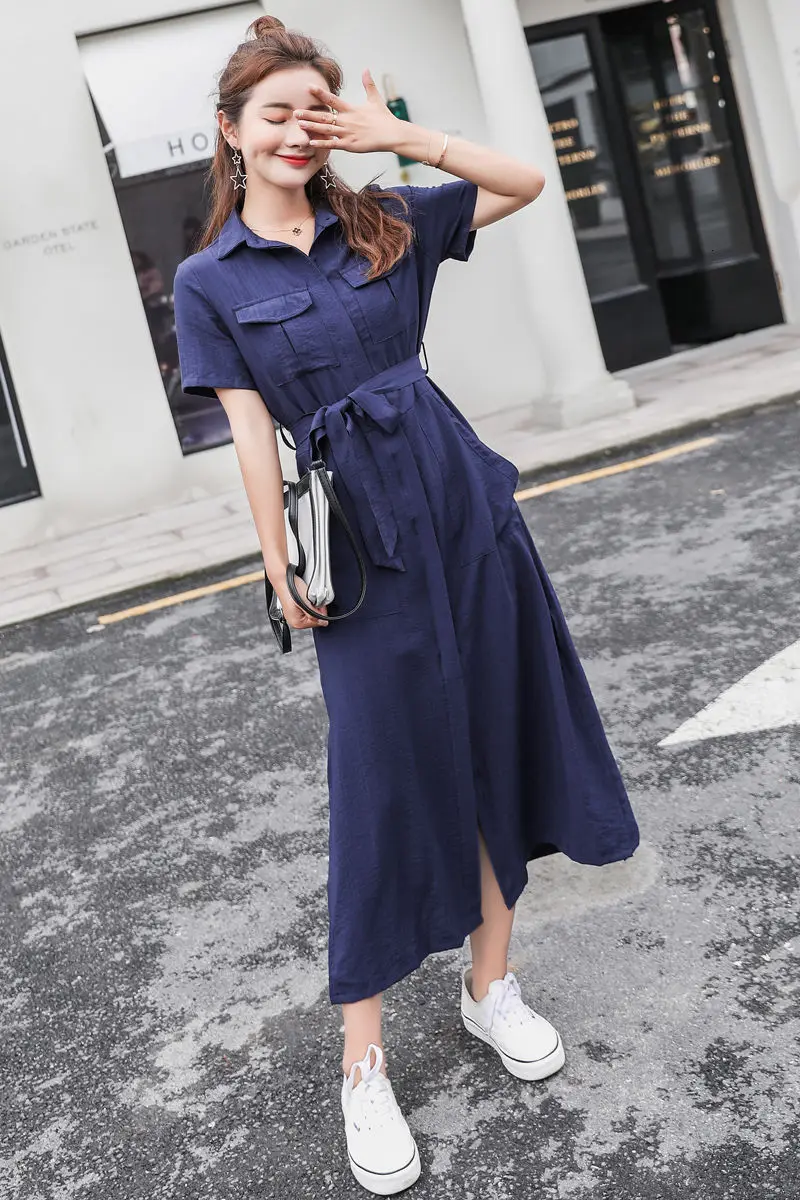 

828-p75 cotton hemp medium length lace up 2021 summer new slim short sleeve dress women's wear