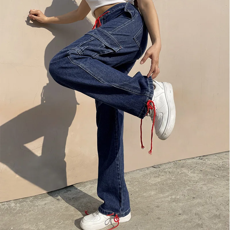 

Sunny y.j. Denim Baggy Straight Leg Jeans Bandage Hip Hop Pockets Patchwork Cargo Jeans Women High Waist Vintage Boyfriend Mom