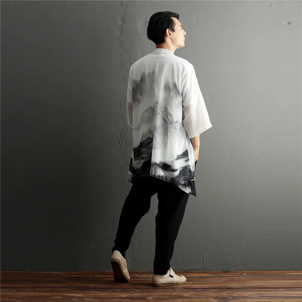 

Chinese wind irregular hem chiffon shirt Men's thin coat