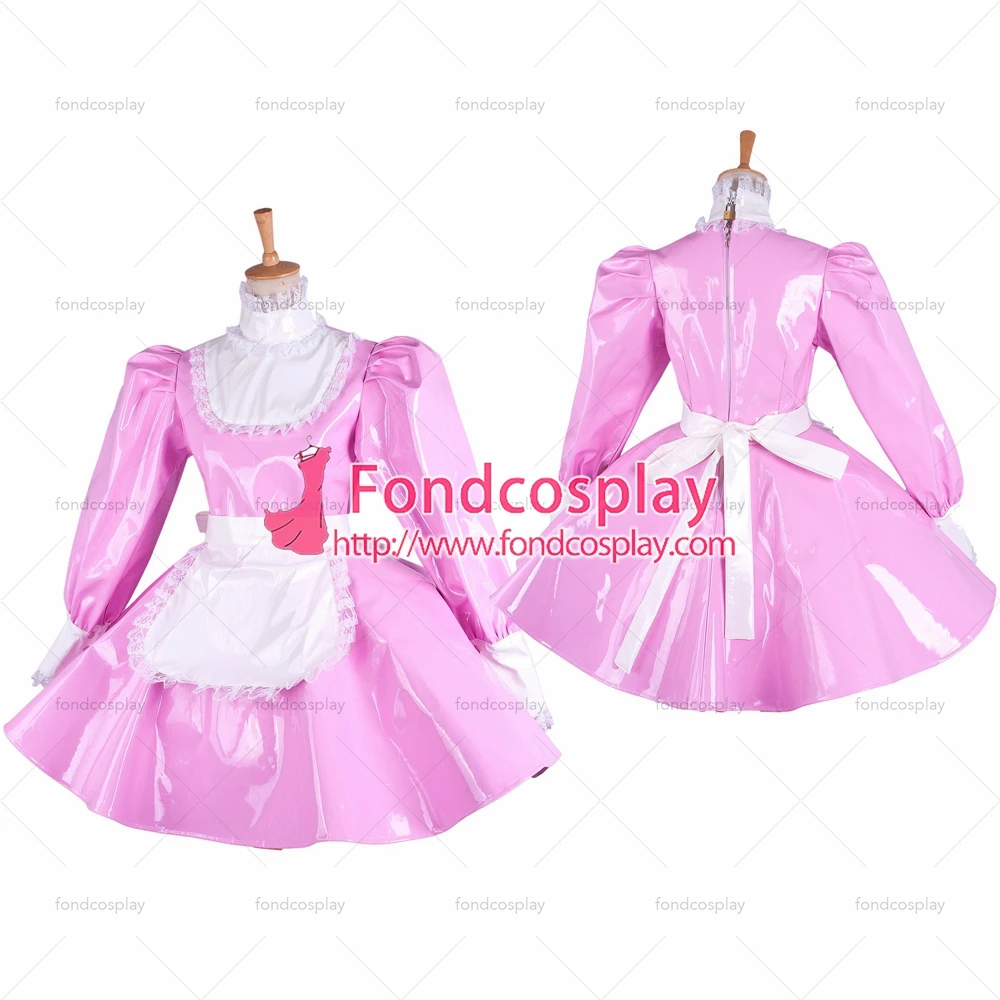 

fondcosplay adult sexy cross dressing sissy maid pink heavy PVC lockable dress vinyl Uniform white apron Tailor-made[G1545]