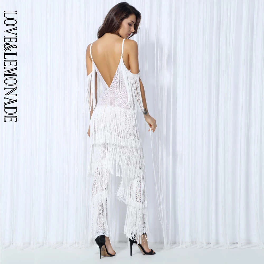 

LOVE&LEMONADE Black Geometric Lace Tassel Deep V Collar Jumpsuit 3colors LM0090