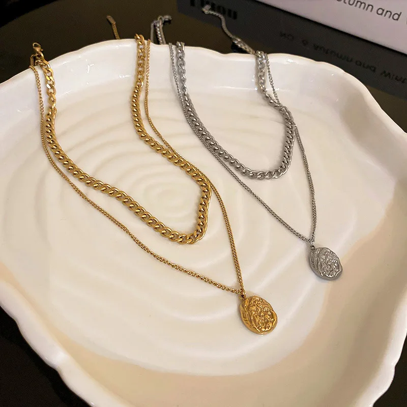 

316L Stainless Steel Geometric Pleated Round Pendant Double Layer Necklace For Women 2022 New Trendy Vintage Neck Chain Jewelry