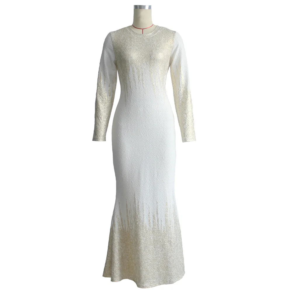 Женское осеннее платье-миди с круглым вырезом длинным рукавом и блестками |