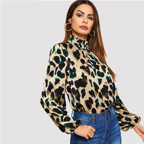 Многоцветный COLROVIE Женская леопардовая блуза с рукавом-стойкой и оборкой на шее, осень, топы с длинным рукавом и стоячим воротником, Повседневная элегантная женская блузка - Цвет: Многоцветный