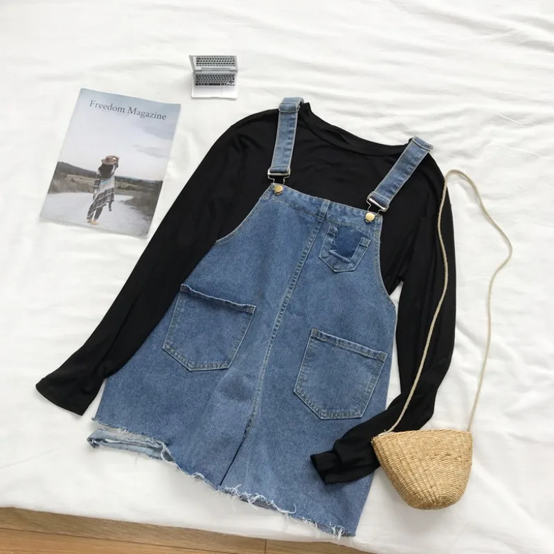 

Summer Korean Style Ins Preppy Style Ripped Denim Suspender Pants Women's 2021 New Design Sense All-Matching Youthful-Looking