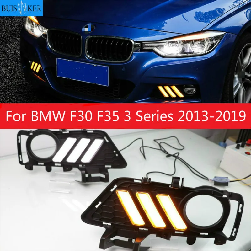 For BMW F30 F35 3 Series 2013-2019 Daytime running lights LED DRL Fog lamp driving lights with Yellow Turn Signal Function Relay