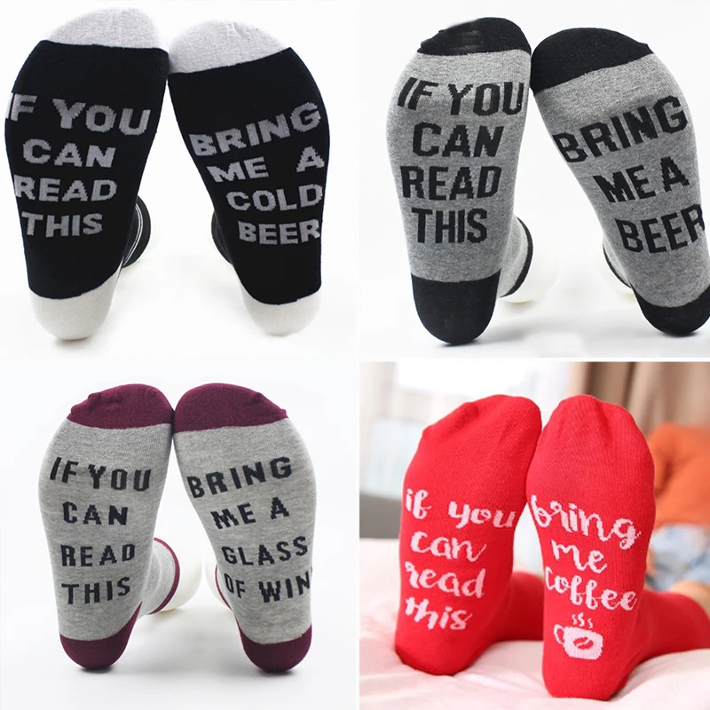 Women Men Funny Ankle Socks Letter Print If You can read this Bring Me Wine Coffee Beer autumn spring fall Dobby Christmas | Женская