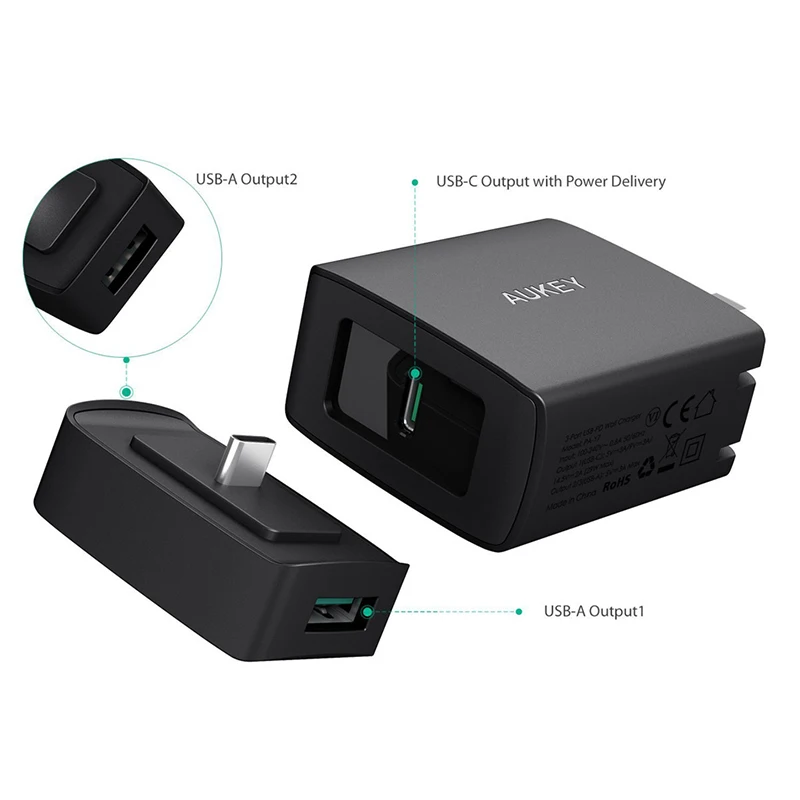 AUKEY PA-Y7 US Plug Оригинальное быстрое зарядное устройство усилитель PD 2 0 с 3 портами USB C