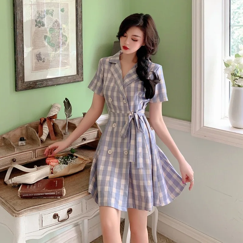 

Fat MM New pattern Chinese style Big code lattice up bow dresses2020 summer women Lapel waist shows thin sexy A-line skirt