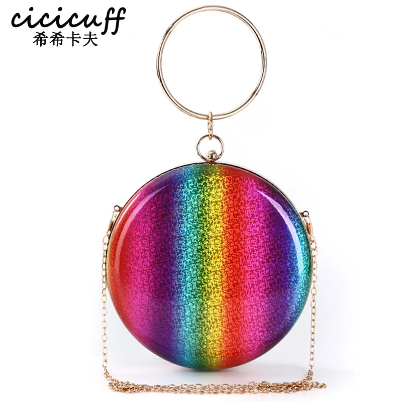 

Portable Dinner Bag Mixed Color Rainbow Clutches Hasp Women Handbags Lady Mini Round Clutch Evening Bag Purse Wedding Party Bags