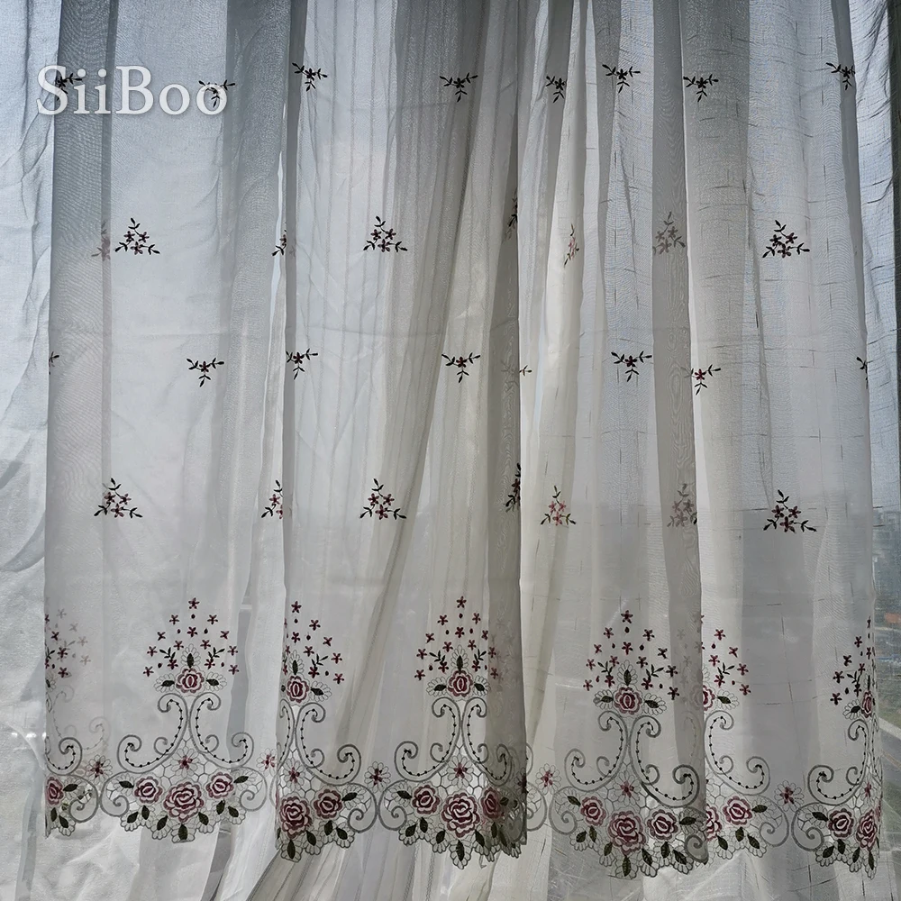 Новинка 2016 модная розовая кружевная полузанавеска с цветочной вышивкой