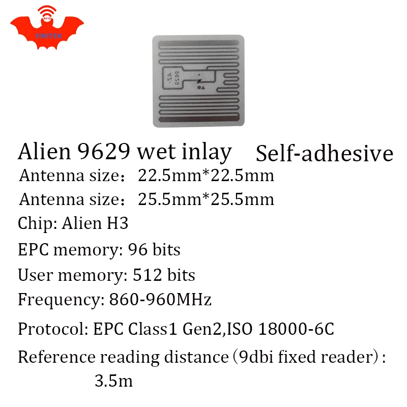 

RFID tag UHF sticker Alien 9629 wet inlay 915mhz868mhz 860-960MHZ Higgs3 EPC 6C 50pcs free shipping adhesive passive RFID label
