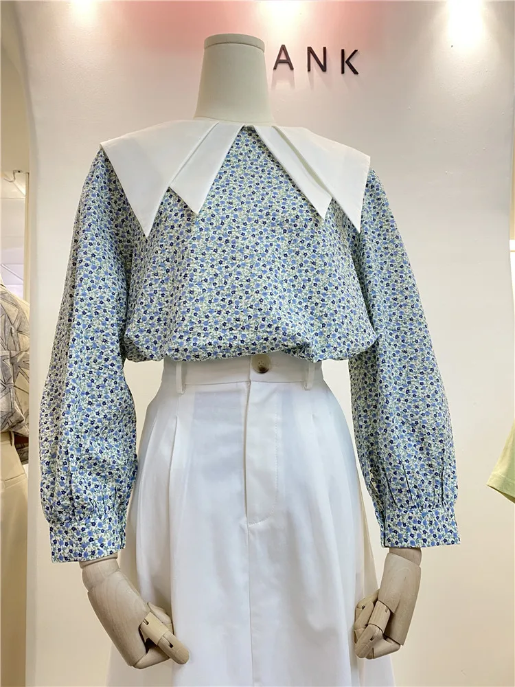 

2021 Spring New Korean Style Fashion Floral Print Shirt Double-Layer Collar Blouse Long Sleeve Elegant Ladies Top