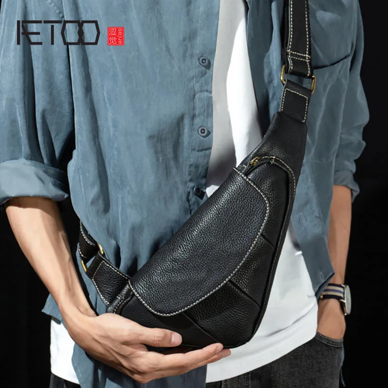 AETOO Men's outdoor leisure chest bag, leather men's personality shoulder bag, cowhide fashion trendy messenger bag
