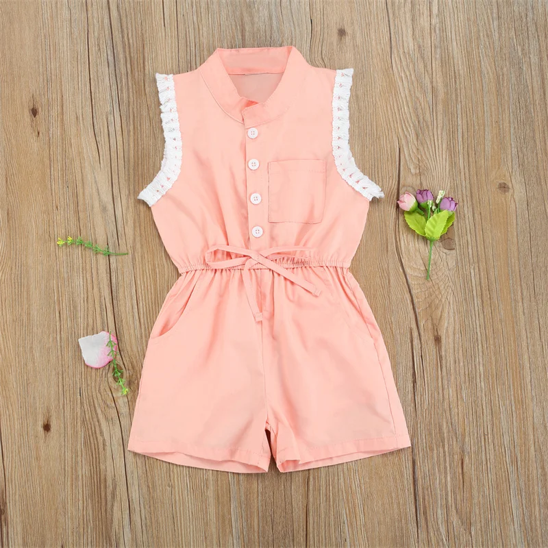 

2-9 Years Old Baby Girl Jumpsuit Summer Fashion Lace Trim Stand Collar Sleeveless Rompers Toddler Girl's Siamese Trousers