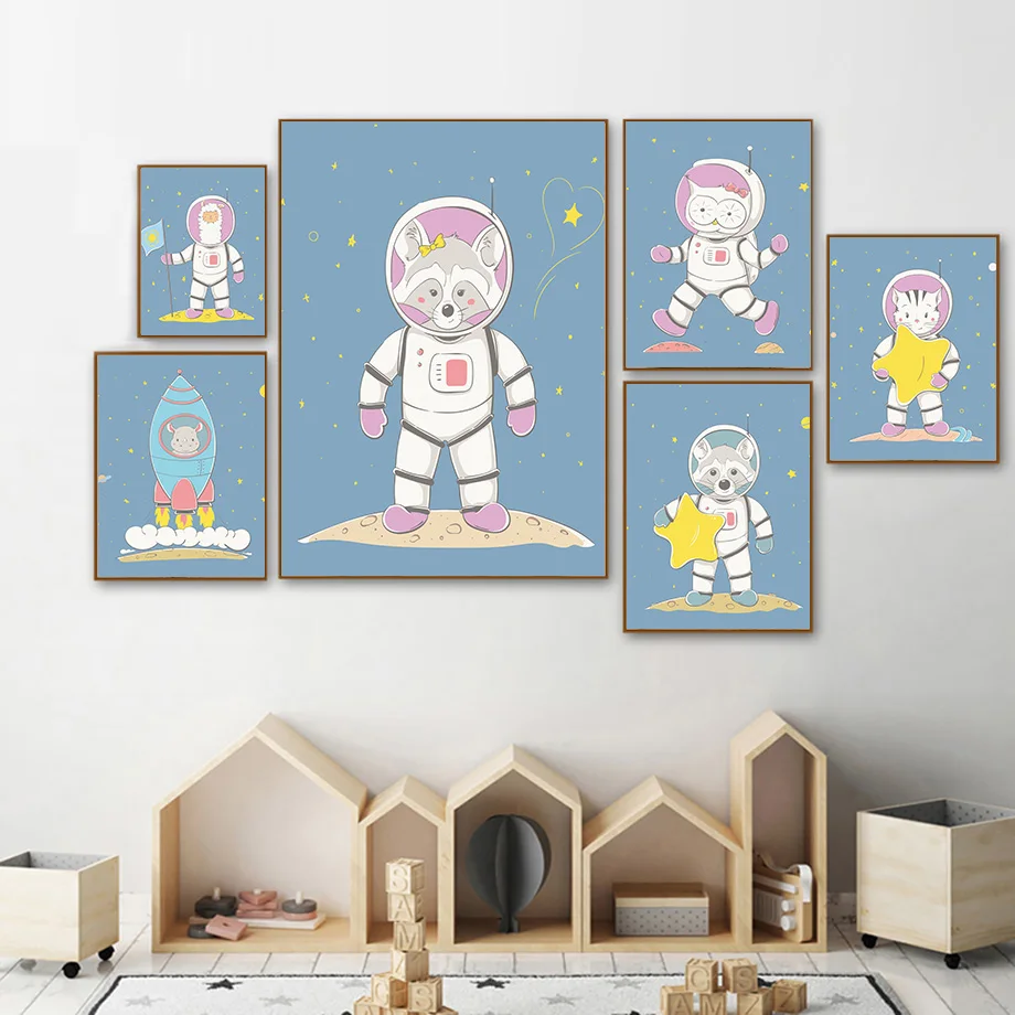 

Astronaut Rhinoceros Raccoon Llama Rocket Wall Art Canvas Painting Nordic Posters And Prints Wall Pictures For Kids Room Decor