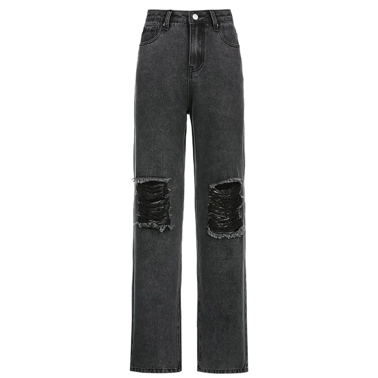 

ISHOWTIENDA Women Fashion High Waist Pocket Solid Casual Loose Wide Leg Pants Hole Jeans Flare Pants