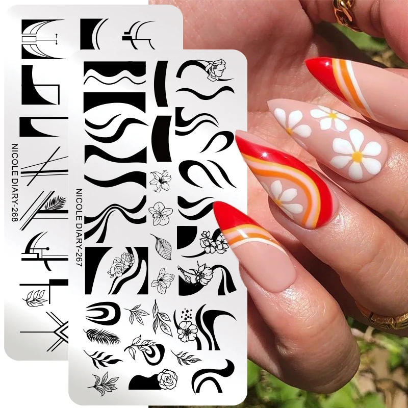 

NICOLE DIARY Wave Swirls Nail Stamping Plates Geometry Lines French Flowers Stamp Templates Leaves Printing Stencil Mold