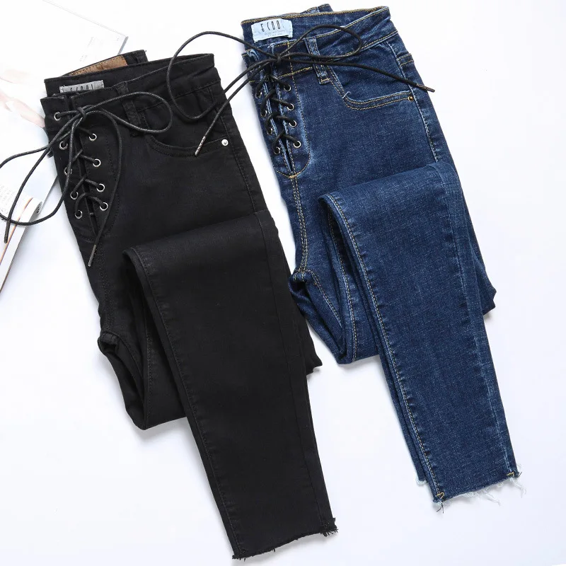 Модные джинсы с высокой талией для женщин корейские обтягивающие Стрейчевые