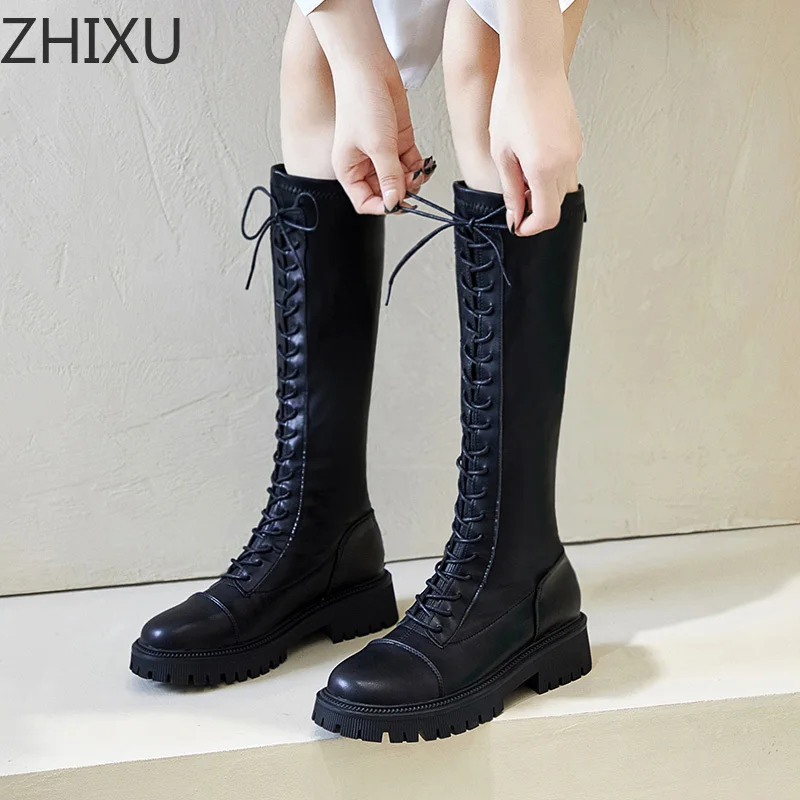 

Женские высокие сапоги до колена, черные сапоги В рыцарском стиле с плюшевой подкладкой, на платформе и квадратном каблуке, мотоциклетные с...