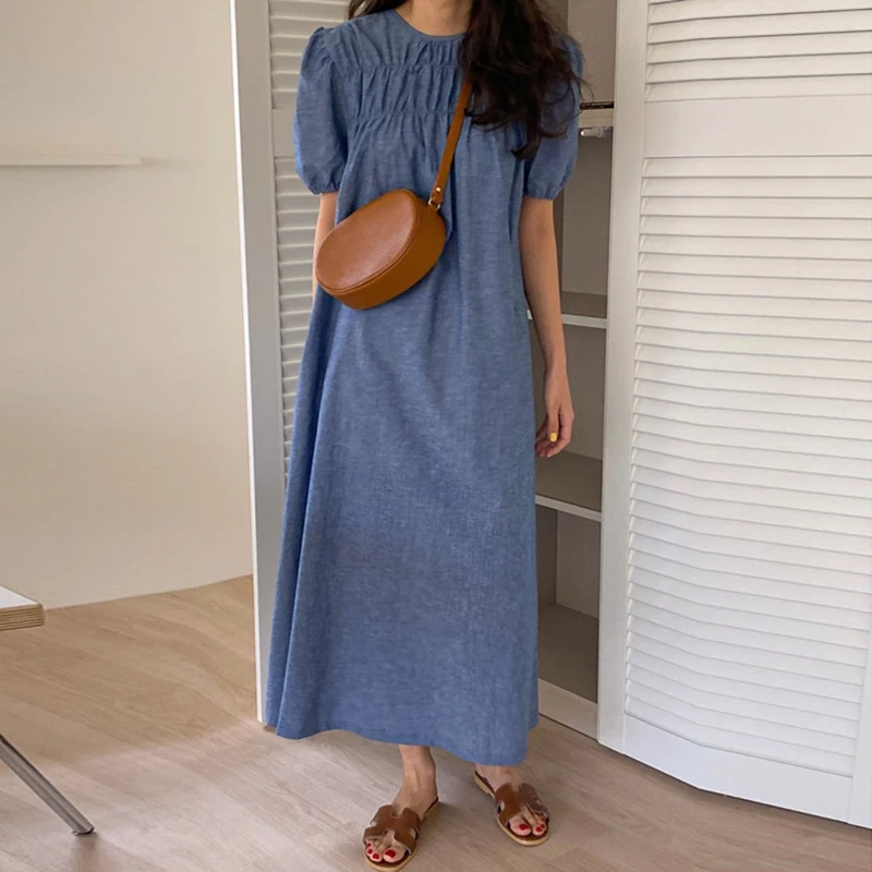 

Kimotimo Woman Dress Summer New Casual O-neck Folds Puff Sleeve Belt Waist Long Dresses Korean Fashion Designer Clothing Femme