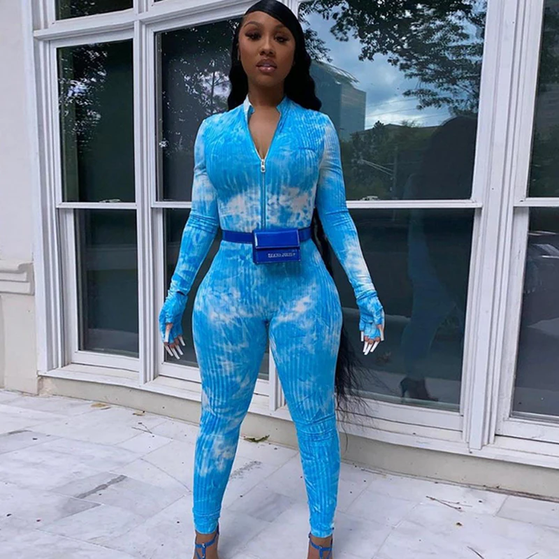 

Women Tie Dye Zipper High Neck Bodycon Jumpsuit Outfit Long Sleeve Ribbed Rompers Sporty Fitness Lucky Label Slim Jumpsuit