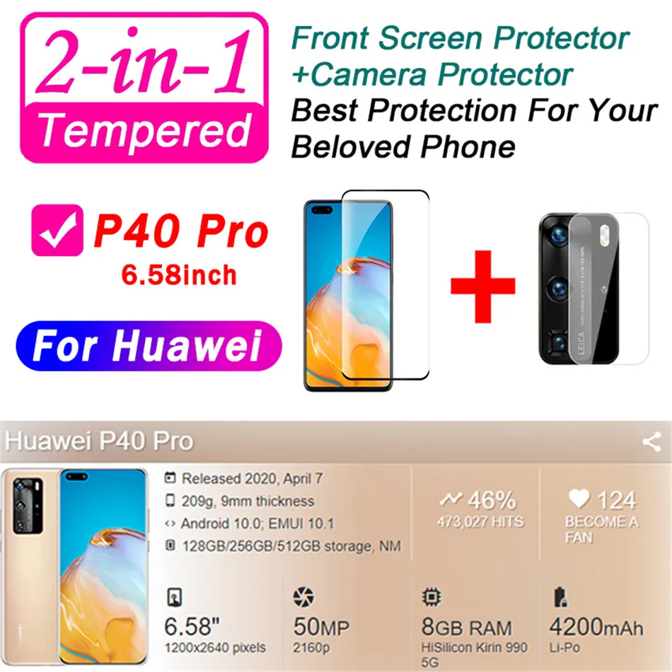 

2in1 screen protector for Huawei P40 Pro/lite full protective glass rear lens glass protection suitable for Huawei P30 lite/pro