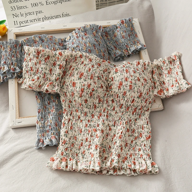 Summer Women Chiffon Slash Neck Off Shoulder Retro Floral Tops Short Sleeve Female Blouses Sexy Girls Belt Chest Pad Shirts