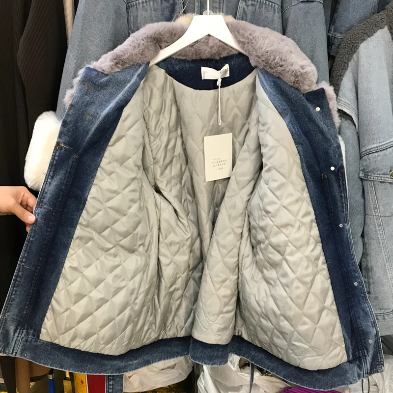 

Women Winter Fall Denim Splice Faux Fur Slim Jacket Ladies Adjustable Waist Jean Warm Quilted Coat Female Parkas Windbreaker