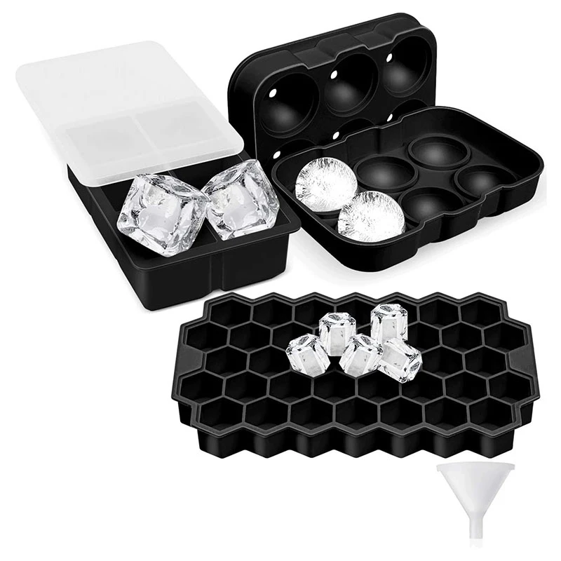 

Ice Cube Tray, 3 Pack Silicone Ice Cube Trays with Lids, Sphere Square Honeycomb Ice Cube Mold, Flexible,Reusable Black