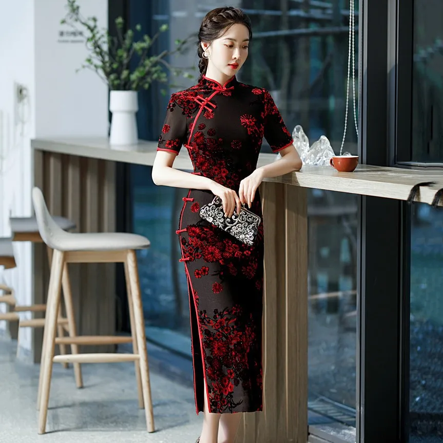 

Атласное Вечернее платье с цветочным принтом и высоким разрезом, женское винтажное длинное платье-Ципао в китайском стиле, пикантное плать...
