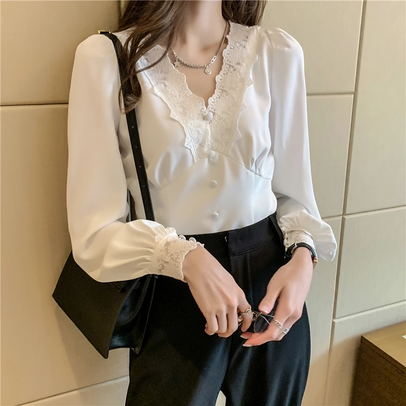 

Blouse Women Autumn 2021 New Cute Patchwork Full Sleeve Chiffon Lace V-Neck Shallow White Blusas Womens Tops And Blouses
