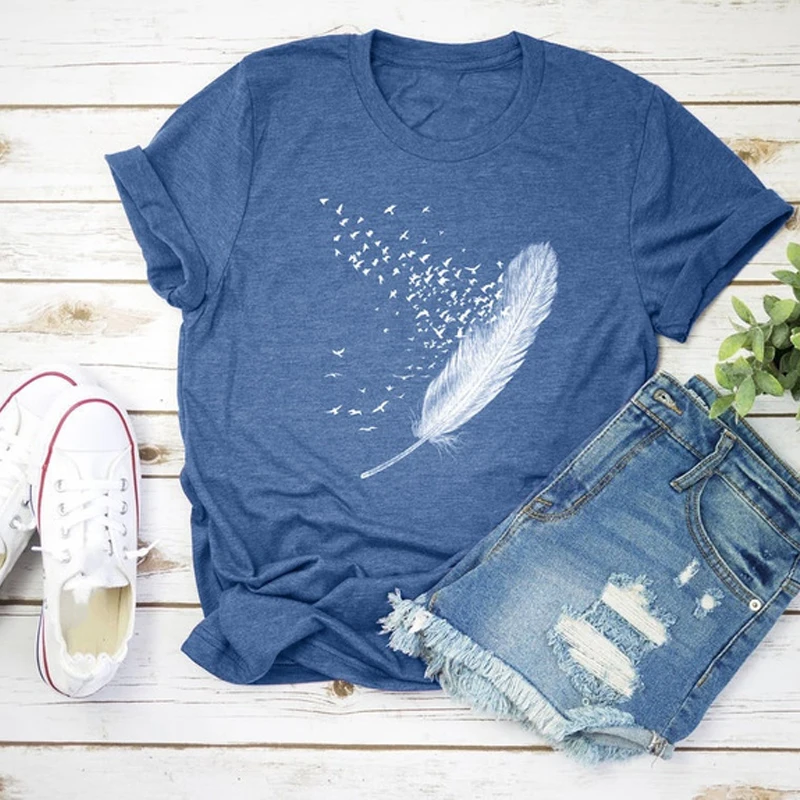 

Tshirt Women Bird Feather Print Graphic Tee Cartoon Top Female Clothes Spring Summer Streetwear Aesthetic Kawaii Shirt Teens