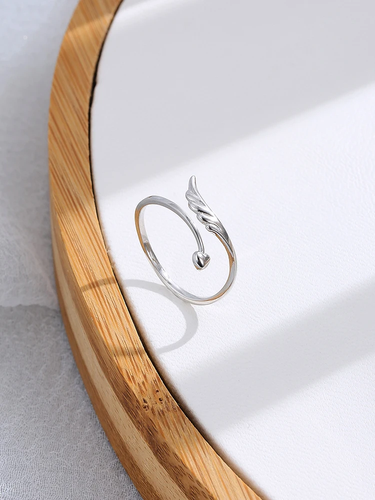 SILVERHOO 925 Sterling Silver Rings For Women Minimalist Feather & Heart Open Adjustable Finger Ring Wedding Engagement Jewelry