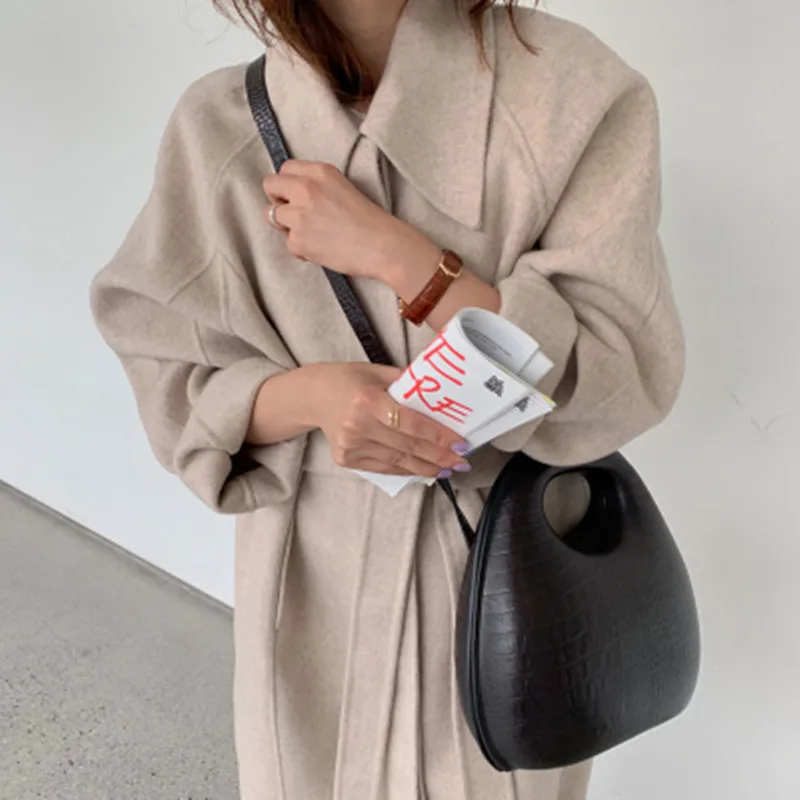 

High Quality Wool Korean Fashion Clothing Coats and Jackets Women Matching Belt Turn Down Collar Elegant Vintage Single Breasted