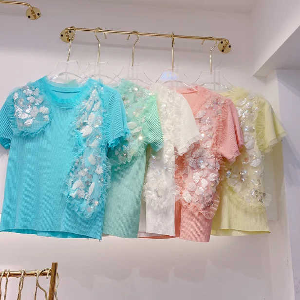 

Beaded Sequined Lace Patch T Shirt Women Flower Pullover Short Sleeve Slimming Knitted Top Stretch Short Tee Summer 2021