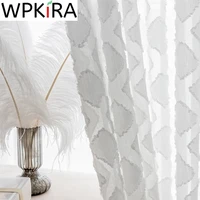 embossed plaid embroidery sheer curtain for living room bedroom light luxury japanese seersucker cotton linen white gauze drapes