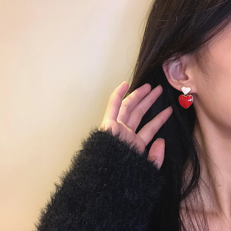 

S925 silver needle Red Love Earrings 2021 Korean spring earring net red temperament simple oil dripping earrings wholesale