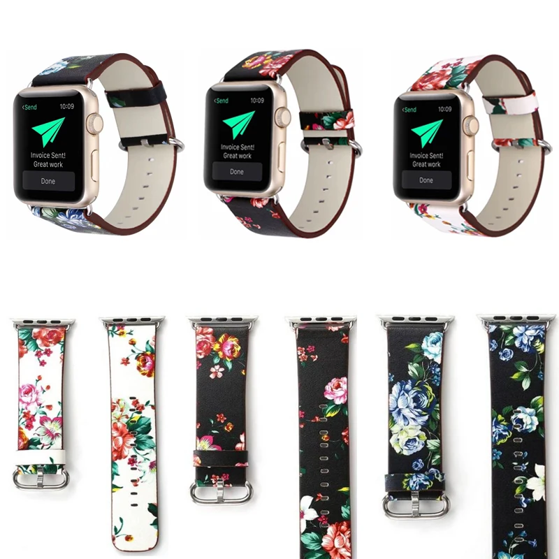 Кожаный ремешок с цветочным принтом для Apple Watch band SE 42 мм/38 мм браслет дизайном iwatch